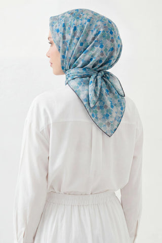 Soft Eşarp Retro Mozaik Turkuaz 90x90 - Soft Eşarp - | Silk Home