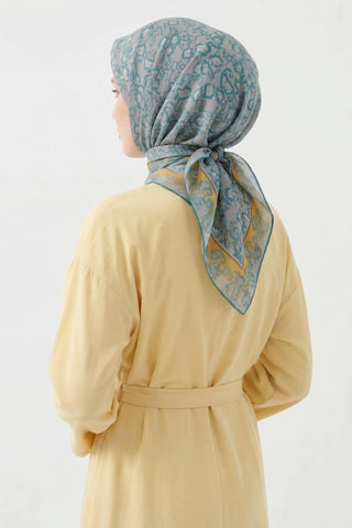 Soft Eşarp Yaprak Desen Buz Mavisi 90x90 - Soft Eşarp - | Silk Home