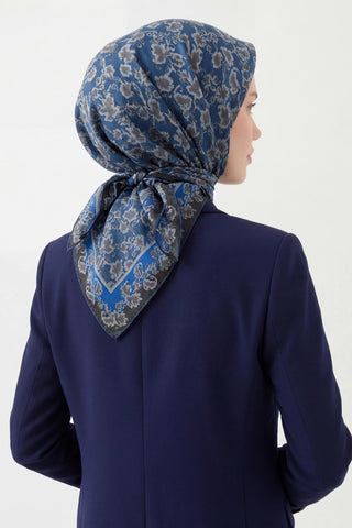 Soft Eşarp Yaprak Desen Gece Mavisi 90x90 - Soft Eşarp - | Silk Home