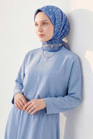Soft Eşarp Yaprak Desen Gök Mavi 90x90 - Soft Eşarp - | Silk Home