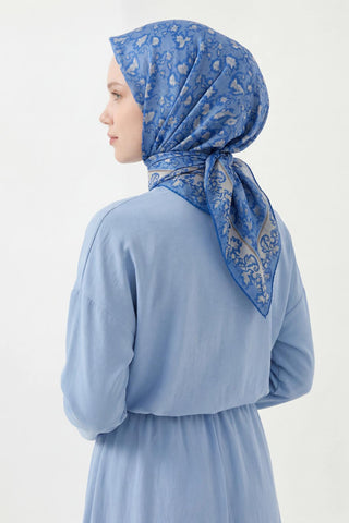 Soft Eşarp Yaprak Desen Gök Mavi 90x90 - Soft Eşarp - | Silk Home