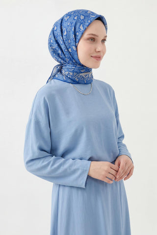 Soft Eşarp Yaprak Desen Gök Mavi 90x90 - Soft Eşarp - | Silk Home