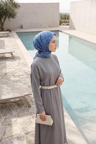 Soft Eşarp Yaprak Desen Gök Mavi 90x90 - Soft Eşarp - | Silk Home