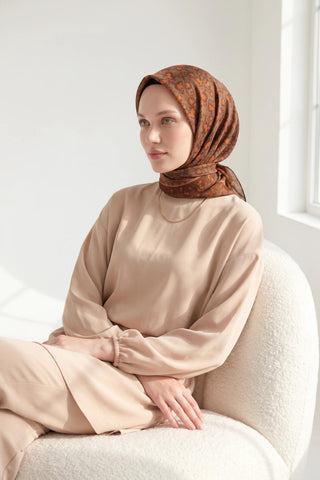 Soft Eşarp Yaprak Desen Kahverengi 90x90 - Soft Eşarp - | Silk Home