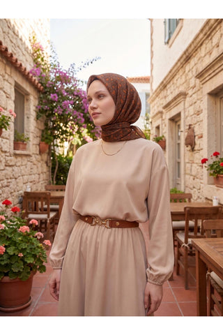 Soft Eşarp Yaprak Desen Kahverengi 90x90 - Soft Eşarp - | Silk Home