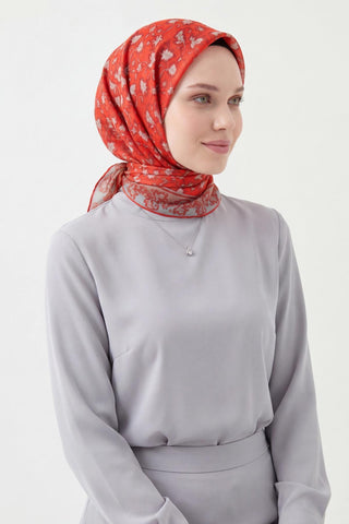 Soft Eşarp Yaprak Desen Kırmızı 90x90 - Soft Eşarp - | Silk Home