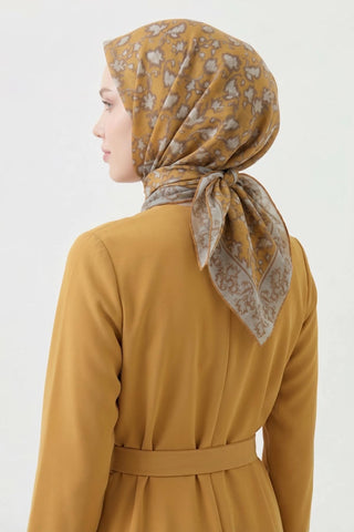 Soft Eşarp Yaprak Desen Koyu Hardal 90x90 - Soft Eşarp - | Silk Home