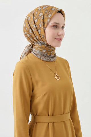 Soft Eşarp Yaprak Desen Koyu Hardal 90x90 - Soft Eşarp - | Silk Home