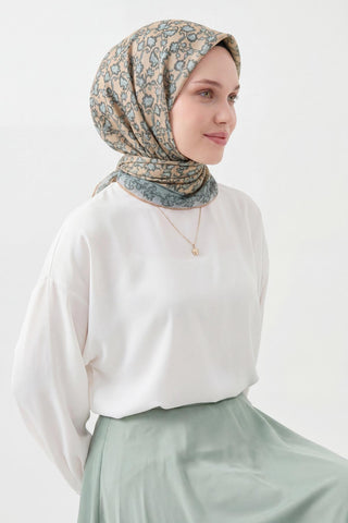 Soft Eşarp Yaprak Desen Krem Rengi 90x90 - Soft Eşarp - | Silk Home