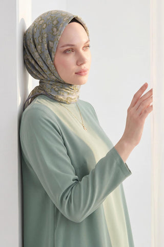 Soft Eşarp Yaprak Desen Mavi Gri 90x90 - Soft Eşarp - | Silk Home
