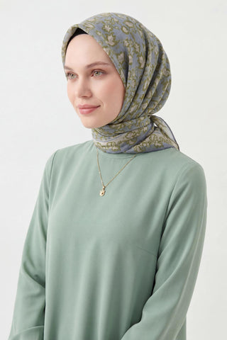 Soft Eşarp Yaprak Desen Mavi Gri 90x90 - Soft Eşarp - | Silk Home