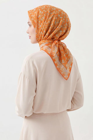 Soft Eşarp Yaprak Desen Turuncu 90x90 - Soft Eşarp - | Silk Home