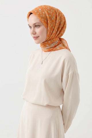 Soft Eşarp Yaprak Desen Turuncu 90x90 - Soft Eşarp - | Silk Home