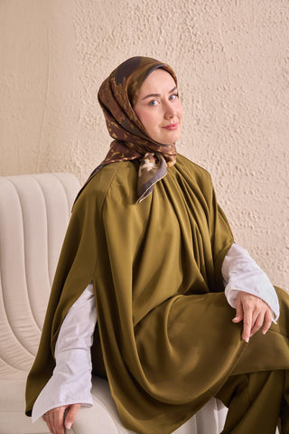 Twill İpek Bloom Eşarp Haki 90x90 - Twill İpek Eşarp - | Silk Home