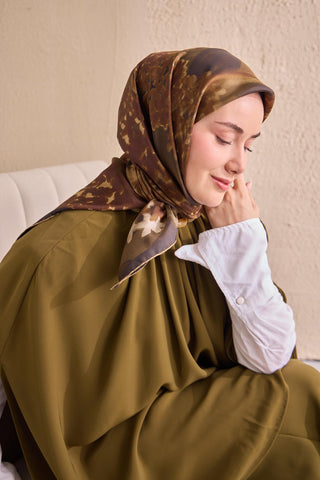 Twill İpek Bloom Eşarp Haki 90x90 - Twill İpek Eşarp - | Silk Home