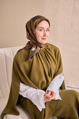 Twill İpek Bloom Eşarp Haki 90x90 - Twill İpek Eşarp - | Silk Home