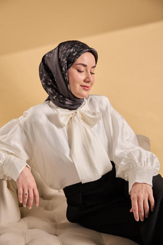 Twill İpek Bloom Eşarp Siyah 90x90 - Twill İpek Eşarp - | Silk Home