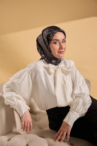 Twill İpek Bloom Eşarp Siyah 90x90 - Twill İpek Eşarp - | Silk Home