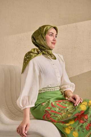 Twill İpek Bloom Eşarp Yeşil 90x90