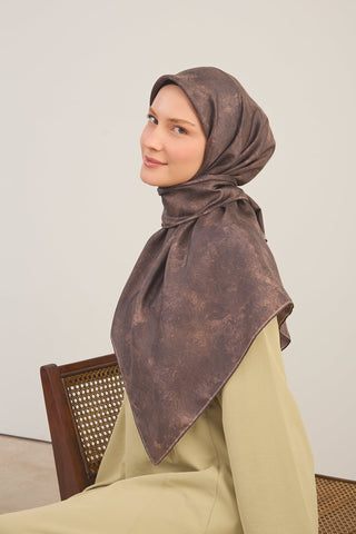 Twill Silk Large Size Scarf, Khaki, Vintage Floral Pattern, Firm Structure, 110x110 cm