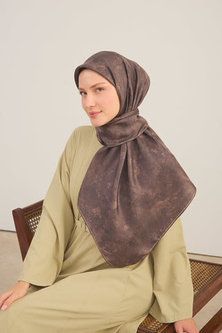 Twill Silk Large Size Scarf, Khaki, Vintage Floral Pattern, Firm Structure, 110x110 cm