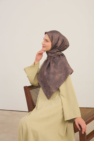 Twill Silk Large Size Scarf, Khaki, Vintage Floral Pattern, Firm Structure, 110x110 cm