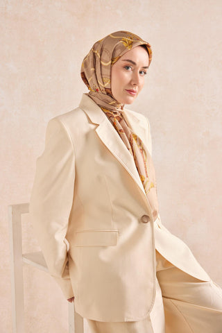Twill İpek Detailed Belt Eşarp Bej 90x90 - Twill İpek Eşarp - | Silk Home