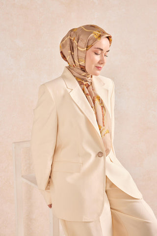Twill İpek Detailed Belt Eşarp Bej 90x90 - Twill İpek Eşarp - | Silk Home