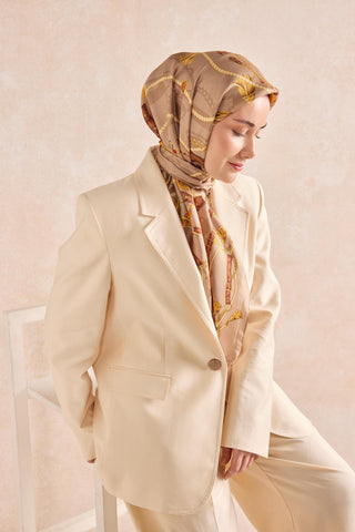Twill İpek Detailed Belt Eşarp Bej 90x90 - Twill İpek Eşarp - | Silk Home