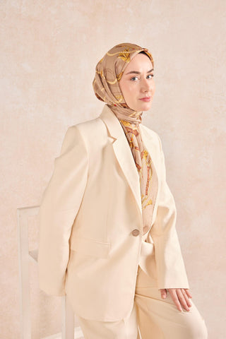 Twill İpek Detailed Belt Eşarp Bej 90x90 - Twill İpek Eşarp - | Silk Home