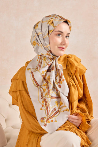 Twill İpek Detailed Belt Eşarp Gümüş 90x90 - Twill İpek Eşarp - | Silk Home