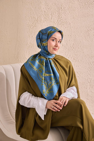 Twill İpek Detailed Belt Eşarp İndigo 90x90 - Twill İpek Eşarp - | Silk Home