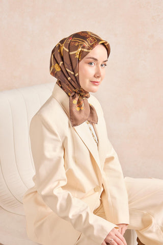 Twill İpek Detailed Belt Eşarp Kahverengi 90x90 - Twill İpek Eşarp - | Silk Home
