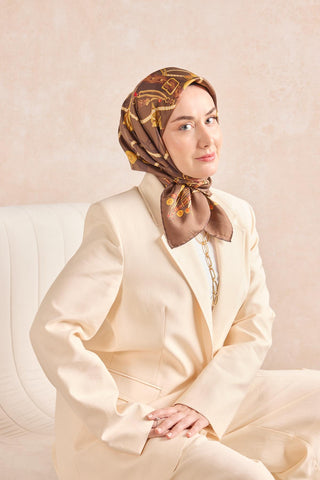 Twill İpek Detailed Belt Eşarp Kahverengi 90x90 - Twill İpek Eşarp - | Silk Home