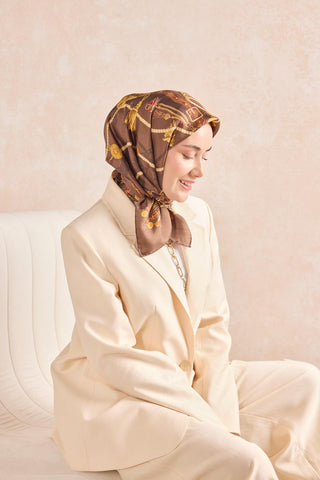 Twill İpek Detailed Belt Eşarp Kahverengi 90x90 - Twill İpek Eşarp - | Silk Home