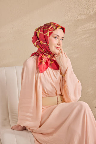 Twill İpek Detailed Belt Eşarp Kırmızı 90x90 - Twill İpek Eşarp - | Silk Home