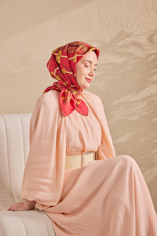 Twill İpek Detailed Belt Eşarp Kırmızı 90x90 - Twill İpek Eşarp - | Silk Home