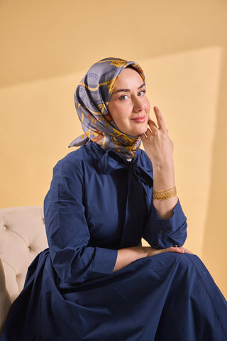 Twill İpek Detailed Belt Eşarp Koyu Gri 90x90 - Twill İpek Eşarp - | Silk Home