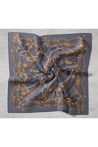 Twill İpek Detailed Belt Eşarp Koyu Gri 90x90 - Twill İpek Eşarp - | Silk Home
