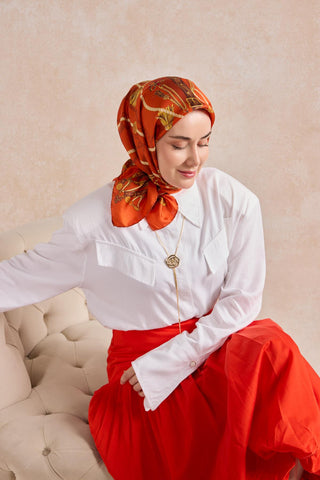 Twill İpek Detailed Belt Eşarp Koyu Turuncu 90x90 - Twill İpek Eşarp - | Silk Home