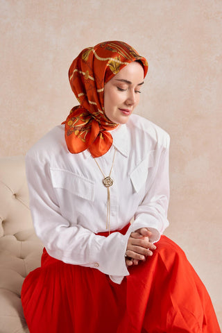 Twill İpek Detailed Belt Eşarp Koyu Turuncu 90x90 - Twill İpek Eşarp - | Silk Home