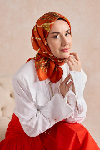 Twill İpek Detailed Belt Eşarp Koyu Turuncu 90x90 - Twill İpek Eşarp - | Silk Home