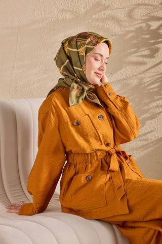 Twill İpek Detailed Belt Eşarp Koyu Yeşil 90x90 - Twill İpek Eşarp - | Silk Home