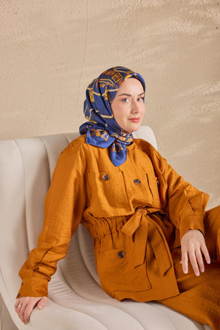 Twill İpek Detailed Belt Eşarp Mavi 90x90 - Twill İpek Eşarp - | Silk Home