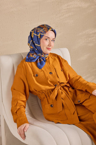 Twill İpek Detailed Belt Eşarp Mavi 90x90 - Twill İpek Eşarp - | Silk Home