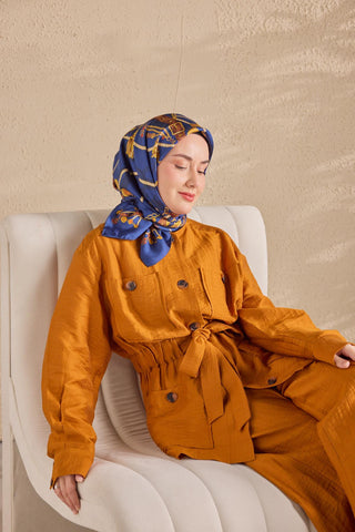 Twill İpek Detailed Belt Eşarp Mavi 90x90 - Twill İpek Eşarp - | Silk Home