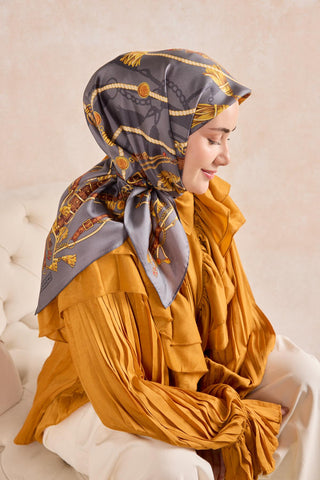 Twill İpek Detailed Belt Eşarp Mavi Gri 90x90 - Twill İpek Eşarp - | Silk Home