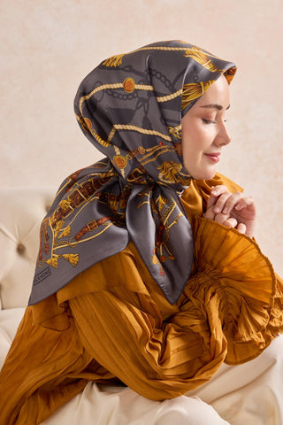 Twill İpek Detailed Belt Eşarp Mavi Gri 90x90 - Twill İpek Eşarp - | Silk Home