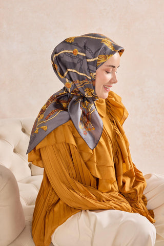 Twill İpek Detailed Belt Eşarp Mavi Gri 90x90 - Twill İpek Eşarp - | Silk Home