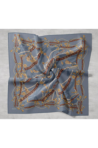Twill İpek Detailed Belt Eşarp Mavi Gri 90x90 - Twill İpek Eşarp - | Silk Home